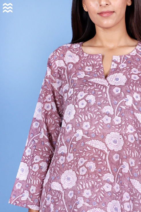 Mulmul Cotton Anu Kurta In Floral Block Print